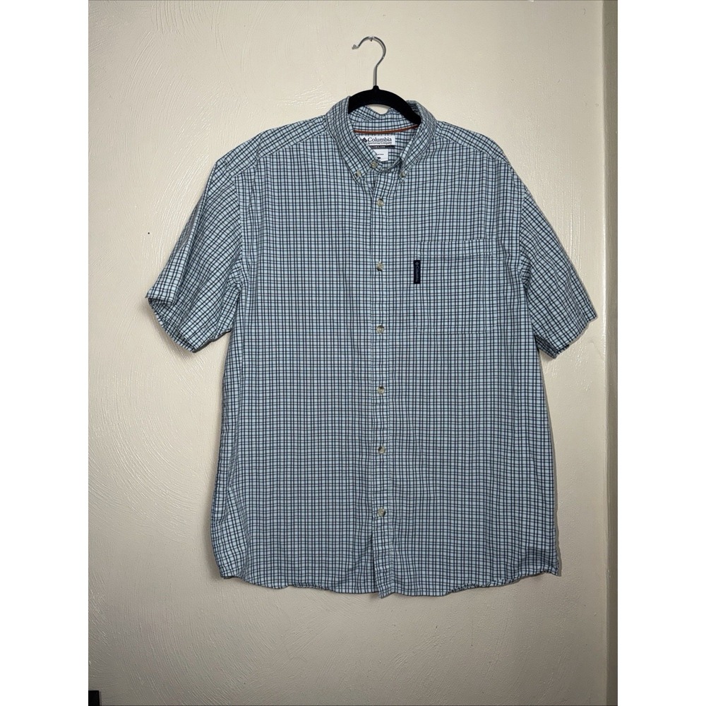 Mens L Columbia Short Sleeve Shirt Button Front Blue White Plaid Button Down
